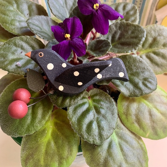 Rare Vintage 70's Painted Black Polka Dot Bird & Cherries Brooch - Handmade - Picture 6 of 9